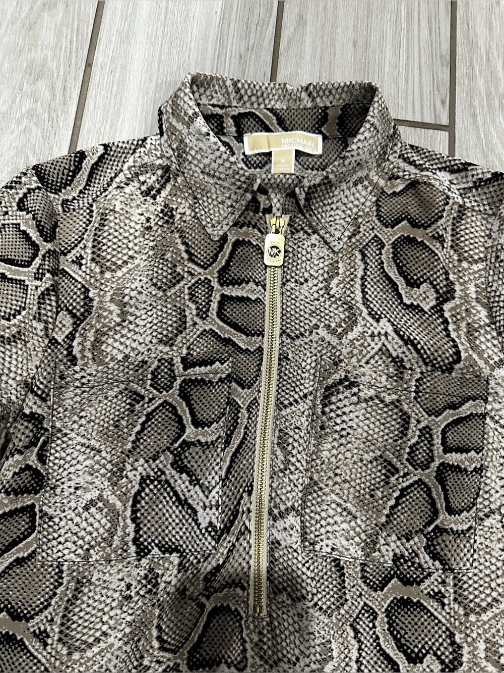 Michael Kors Taupe and Black Snake-Print Zip Polo